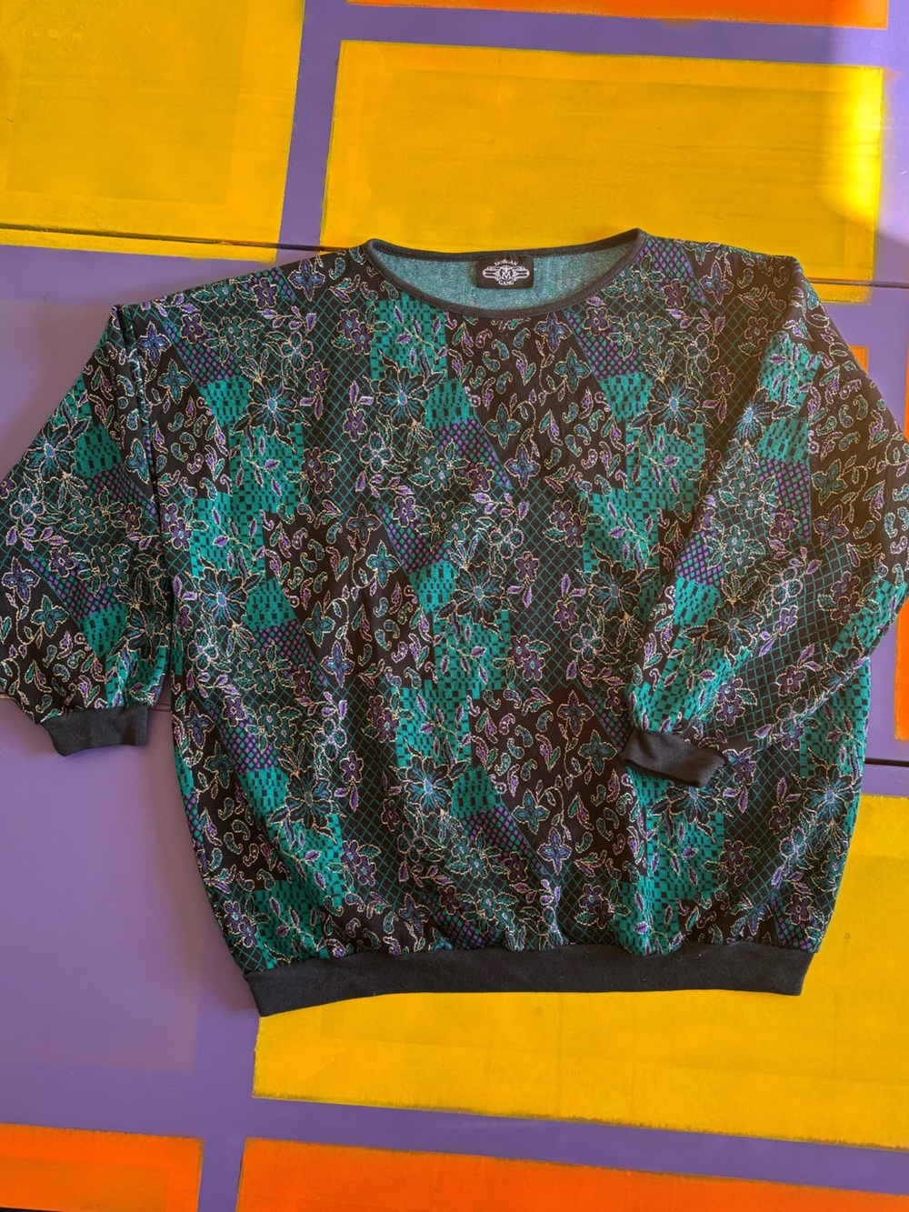 Mosaic Patchwork Knit Sweater in Teal, Black & Purple